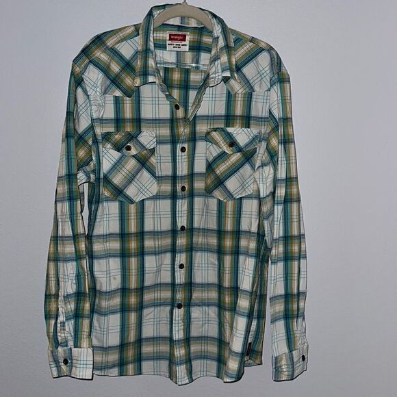 ‎Men’s Wrangler Long Sleeve Plaid Shirt Large - Picture 1 of 5